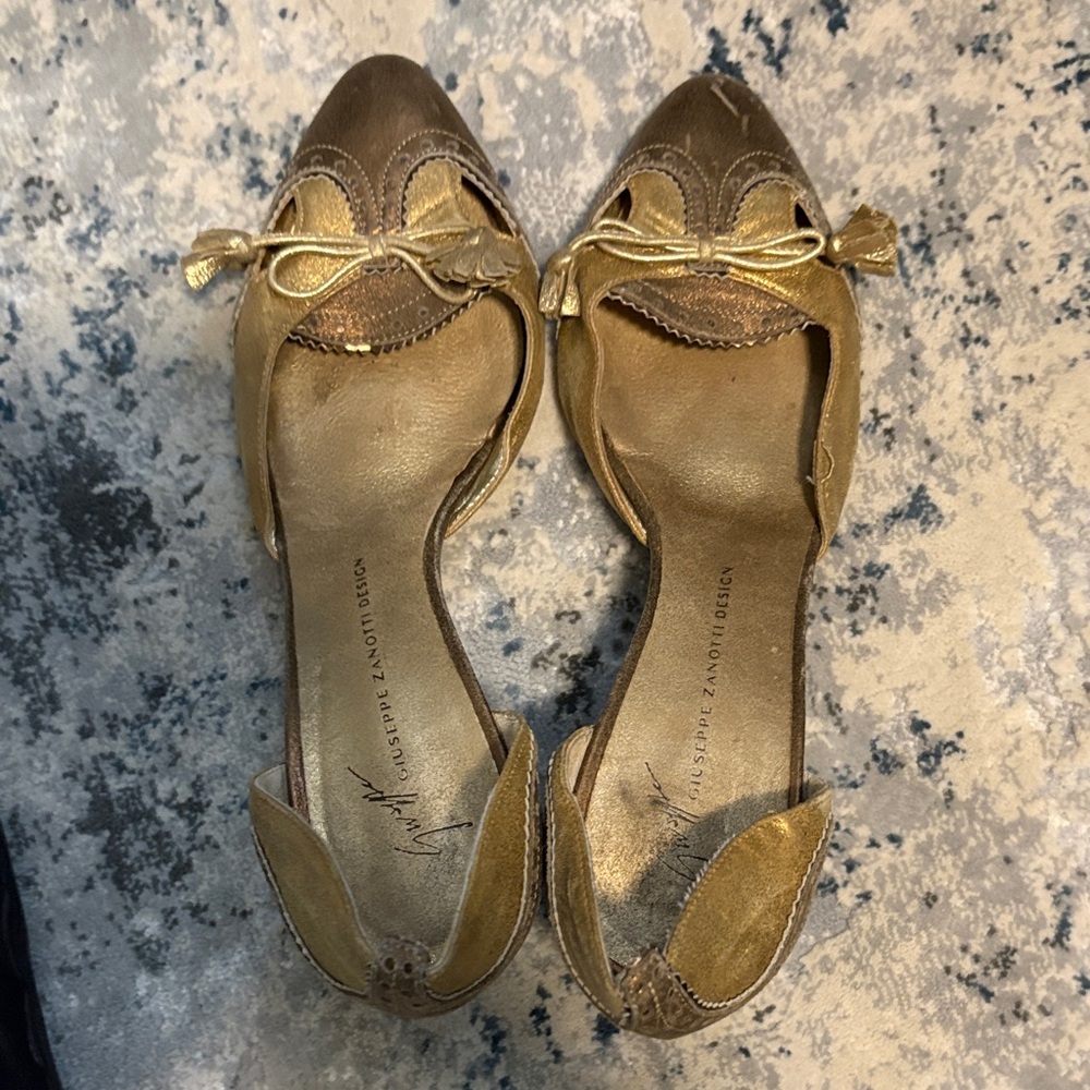 Giuseppe Zanotti Metallic Gold Pointed D'Orsay Flats with Bow- vintage